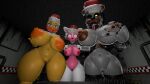  3d_(artwork) animatronic anthro areola avian big_areola big_breasts bird blue_eyes breasts brown_areola brown_nipples canid canine chicken christmas christmas_clothing christmas_headwear clothing detailed_background digital_media_(artwork) female five_nights_at_freddy&#039;s five_nights_at_freddy&#039;s_2 fox freddy_fazbear&#039;s_pizzeria_simulator galliform gallus_(genus) genitals grey_body group hand_on_breast hat headgear headwear hi_res holidays huge_breasts josh-u4 lagomorph leporid looking_at_viewer machine mammal mangle_(fnaf) molten_freddy_(fnaf) navel nipples nude orange_areola orange_nipples phasianid pink_body pussy red_areola red_cheeks red_nipples robot santa_hat scottgames thick_thighs tongue tongue_out top_hat toy_chica_(fnaf) trio video_games white_body yellow_body 