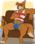  absurd_res anthro blue_clothing blue_underwear bodily_fluids breath calico_kai canid canine canis clothing disney don_karnage ducktales ducktales_(2017) hi_res male mammal panting shirt solo sweat talespin tank_top topwear underwear wolf 