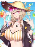  1girl animal_ears aqua_nails arknights black_jacket breasts cleavage closed_mouth crazy_straw drinking_straw eyewear_on_head flower hair_ornament hairclip hand_up hands_up hat highres jacket jewelry juice kyouna large_breasts looking_at_viewer necklace open_clothes open_jacket petals pink_eyes solo straw_hat sunglasses swimsuit upper_body utage_(arknights) utage_(summer_flowers)_(arknights) v x_hair_ornament 