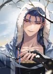  1boy armor blue_hair blue_hood capelet cu_chulainn_(caster)_(fate) cu_chulainn_(fate) earrings fate/grand_order fate_(series) fur-trimmed_hood fur_trim gloves highres hood hood_up hooded_capelet jewelry long_hair looking_at_viewer male_focus red_eyes smile snow solo spiked_hair upper_body vambraces yway1101 