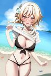  1girl :d beach bikini black_bikini blonde_hair blue_sky blush breasts cas_cassis cleavage clothes_lift cloud day flower genshin_impact hair_flower hair_ornament large_breasts looking_at_viewer lumine_(genshin_impact) navel open_mouth outdoors shell shirt shirt_lift short_hair short_hair_with_long_locks sky smile solo starfish stomach swimsuit white_shirt yellow_eyes 