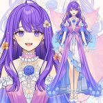  1girl :d bare_shoulders blue_flower blue_hair blue_rose breasts brown_flower character_name cleavage commentary_request dress flower frilled_dress frills gradient_hair hair_flower hair_ornament highres iriam karokuchitose long_hair medium_breasts multicolored_hair official_art pointy_ears purple_dress purple_eyes purple_hair red_wings rose shoes smile standing transparent_wings very_long_hair virtual_youtuber white_footwear wings wrist_cuffs zoom_layer 