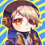  1girl apex_legends bangs black_gloves black_headwear blonde_hair blue_jacket blush chano_(22chano_death) chibi deep_current_wattson eyepatch gloves jacket lowres official_alternate_costume one_eye_covered orange_eyes pointing pointing_up shirt smile solo wattson_(apex_legends) white_shirt 