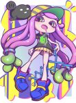  1girl arms_at_sides bangs baseball_cap black_shirt blue_footwear blush border breasts commentary_request drooling fish full_body gradient_hair green_eyes green_hair hair_tie harmony&#039;s_clownfish_(splatoon) harmony_(splatoon) hat highres holding holding_toy legs light_blush long_hair looking_at_viewer miniskirt mouth_drool multicolored_hair nintendo_ultra_hand open_mouth outside_border partial_commentary pigeon-toed pink_hair pleated_skirt shinako shiny shiny_hair shirt shoes short_sleeves sidelocks skirt small_breasts solo_focus splatoon_(series) splatoon_3 standing striped striped_headwear swept_bangs tentacle_hair tentacles toy twintails two-tone_hair very_long_hair white_border white_eyes yellow_headwear yellow_skirt 