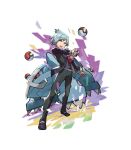  1boy absurdres ascot black_sclera blue_eyes blue_hair colored_sclera commentary highres holding holding_poke_ball jewelry male_focus metagross official_art open_mouth poke_ball poke_ball_(basic) pokemon pokemon_(creature) pokemon_(game) pokemon_oras ring saitou_naoki standing steven_stone symbol-only_commentary teeth v-shaped_eyebrows 