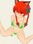  1girl animal_ears bikini bow braid cat_ears covered_nipples fang fang_out feet_out_of_frame foreshortening from_above green_bikini highres kaenbyou_rin kim0501 micro_bikini red_eyes red_hair simple_background sitting smile solo spread_legs swimsuit touhou twin_braids wariza white_background 