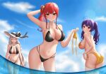  3girls :o absurdres ahoge aquila_(a_sip_of_sardegnian_elegance)_(azur_lane) aquila_(azur_lane) arm_up ass azur_lane back bikini bikini_top_removed black_bikini blue_sky bow braid braided_ponytail breasts closed_eyes closed_mouth cloud contrapposto day hair_ornament hat hat_bow highleg highleg_bikini highres jewelry laichange large_breasts long_hair looking_at_viewer looking_back multiple_girls navel outdoors pendant pola_(azur_lane) pola_(seaside_coincidence)_(azur_lane) purple_hair red_eyes red_hair side-tie_bikini_bottom side_ponytail skindentation sky starfish stomach sun_hat sunlight swimsuit thigh_strap thighhighs thighs topless twintails very_long_hair wading white_thighhighs yellow_bikini zara_(azur_lane) zara_(poolside_coincidence)_(azur_lane) 