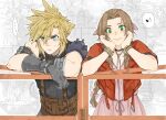  ... 1boy 1girl aerith_gainsborough armor bangle bangs belt blonde_hair blue_eyes blue_shirt blush bracelet braid braided_ponytail brown_hair choker cloud_strife cropped_jacket dress fe79793 final_fantasy final_fantasy_vii final_fantasy_vii_remake flower_choker gloves green_eyes grey_gloves hair_between_eyes hair_ribbon hands_on_own_cheeks hands_on_own_face highres jacket jewelry leaning_on_rail long_hair looking_at_viewer multiple_belts musical_note parted_bangs pink_dress pink_ribbon red_jacket ribbon shirt short_hair short_sleeves shoulder_armor sidelocks sleeveless sleeveless_turtleneck smile spiked_hair spoken_ellipsis spoken_musical_note suspenders sweatdrop turtleneck upper_body 