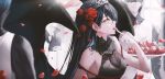  1girl 2others ascot bare_shoulders black_hair blurry blurry_background blurry_foreground breasts commentary eating flower h2o_(dfo) hair_flower hair_ornament heart highres hood long_hair medium_breasts multiple_others original petals rei_no_himo sparkle symbol-only_commentary tiara white_ascot wings 