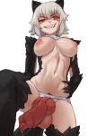  1girl animal_ears animal_penis artist_name badger_ears badger_tail body_fur breasts breasts_out claws clothes_lift clothing_aside commentary dog_penis english_commentary evil_grin evil_smile female_pubic_hair futanari grey_hair grin hand_on_hip highres killing_bites knotted_penis large_breasts large_testicles looking_at_viewer navel nipples panties panties_aside penis precum pubic_hair red_eyes seraziel shirt_lift short_hair simple_background smile solo sweat tail testicles uncensored underwear uzaki_hitomi veins veiny_penis white_background white_panties 