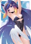  1girl animal_ears armpits arms_behind_head arms_up artist_name ass_visible_through_thighs bangs black_choker black_one-piece_swimsuit blue_eyes blue_sky breasts casual_one-piece_swimsuit choker cleavage closed_mouth collarbone covered_navel cowboy_shot day feathered_wings gradient_hair highleg highleg_swimsuit highres hololive hololive_english jdpr light_particles long_hair looking_at_viewer low_wings multicolored_hair ninomae_ina&#039;nis one-piece_swimsuit orange_hair outdoors pointy_ears purple_hair sky small_breasts smile solo straight_hair strapless strapless_swimsuit swimsuit tentacle_hair thigh_gap very_long_hair white_wings wings 