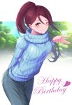  1girl absurdres arm_behind_back blue_sweater closed_mouth commentary_request denim hair_ornament hairclip hand_up happy_birthday highres jeans kiraboshi_(kiraboshi-1025) long_hair love_live! love_live!_sunshine!! one_eye_closed pants ponytail red_hair sakurauchi_riko smile solo sweater turtleneck turtleneck_sweater yellow_eyes 