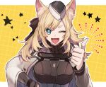 1girl ;d animal_ear_fluff animal_ears arknights black_headwear blonde_hair blue_eyes breasts bright_pupils cape garrison_cap grey_cape hat horse_ears kyouna large_breasts long_hair long_sleeves one_eye_closed outline smile solo star_(symbol) thick_eyebrows thumbs_up upper_body v-shaped_eyebrows whislash_(arknights) white_outline yellow_background 