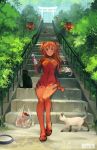  bag bangs blue_eyes bodysuit bottle breasts cat commentary food full_body highres holding holding_bottle long_hair looking_at_viewer medium_breasts neon_genesis_evangelion orange_hair outdoors parted_lips plastic_bag plugsuit pocky red_bodysuit sitting sitting_on_stairs souryuu_asuka_langley stairs syertse twintails 