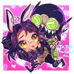  &gt;_&lt; 1boy 1girl ahoge animal_ears apex_legends black_footwear black_hair black_headwear black_thighhighs boots braid brown_eyes carrying chano_(22chano_death) chibi commission dark-skinned_female dark_skin english_commentary glasses goggles hair_bun heart heart_hair hetero highres indie_virtual_youtuber mask mouth_mask octane_(apex_legends) princess_carry rabbit_ears rabbit_girl round_eyewear second-party_source sharp_teeth shorts single_side_bun skeb_commission striped striped_shorts teeth thighhighs titi_(vtuber) twin_braids virtual_youtuber 