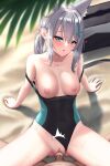  1boy 1girl animal_ear_fluff animal_ears azure-maya bag bangs beach black_one-piece_swimsuit blue_archive blue_eyes blurry blurry_foreground breasts censored clothes_pull clothing_aside collarbone competition_school_swimsuit competition_swimsuit covered_navel fox_ears grey_hair hair_between_eyes hair_ornament heart hetero highres leaning_back long_hair medium_breasts mosaic_censoring motion_lines nipples one-piece_swimsuit open_mouth penis pussy school_bag school_swimsuit sex shiny shiny_hair shiroko_(blue_archive) solo_focus sweatdrop swimsuit swimsuit_aside swimsuit_pull vaginal x_hair_ornament 