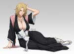  1girl bleach bleach:_the_thousand-year_blood_war blonde_hair blue_eyes breasts breikka chain_necklace cleavage english_commentary full_body huge_breasts japanese_clothes jewelry kimono looking_at_viewer matsumoto_rangiku mole mole_under_mouth necklace on_floor orange_hair pink_scarf scarf simple_background solo 