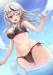  1girl ;d bare_arms bare_shoulders bikini black_bikini braid breasts cameltoe cleavage day grey_hair groin highres hololive large_breasts long_hair looking_at_viewer miyagi_ratona multicolored_hair navel one_eye_closed open_mouth outdoors red_eyes sakamata_chloe side-tie_bikini_bottom smile solo standing stomach streaked_hair string_bikini sunlight swimsuit thighs virtual_youtuber wading wet 