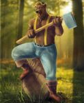  2017 anthro axe boots bottomwear bulge chest_tuft clothed clothing denim denim_clothing footwear forest hat headgear headwear hi_res holding_axe holding_object holding_tool holding_weapon jeans looking_at_viewer lumberjack male mammal melee_weapon muscular navel nipples open_mouth outside overalls pants plant satanic_monkey smile solo standing tools topless tree tuft ursid weapon 