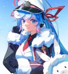  1girl 1other absurdres black_coat black_gloves black_shirt blue_eyes blue_hair coat colored_tips commentary fur-trimmed_coat fur-trimmed_hood fur_trim gloves grin hair_ribbon hat hatsune_miku headphones highres hood jacket long_hair looking_at_viewer military military_uniform multicolored_hair naval_uniform necktie outdoors parted_lips peaked_cap pink_hair rabbit_yukine red_necktie red_ribbon ribbon shirt shouz sky smile snow snowflake_print snowing twintails uniform upper_body very_long_hair vocaloid wavy_hair white_jacket yuki_miku yuki_miku_(2022) 