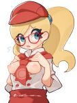  1girl absurdres apron aqua_eyes blonde_hair blush breasts breasts_out buttons flying_sweatdrops glasses hat highres leah_(pokemon) long_hair necktie nipples open_mouth pokemon pokemon_cafe_mix ponytail red-framed_eyewear red_apron red_headwear red_necktie shirt short_necktie short_sleeves solo sweatdrop sweelan waist_apron white_background white_shirt 