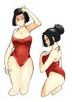  1990s_(style) 1girl absurdres akkasayu ass black_hair breasts cleavage closed_mouth covered_navel cropped_legs hair_bun hand_on_own_thigh highres large_breasts long_hair looking_up one-piece_swimsuit one_eye_closed original red_one-piece_swimsuit retro_artstyle sayuri_(akkasayu) solo swimsuit thick_thighs thighs very_long_hair white_background yellow_eyes 