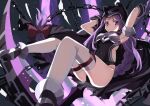  1girl absurdres armpits ass black_cape blush cape chain cloak fate/grand_order fate_(series) harpe highres holding holding_weapon hood hooded_cloak kosuda long_hair looking_at_viewer medusa_(fate) medusa_(lancer)_(fate) purple_eyes purple_hair solo thighhighs very_long_hair weapon white_thighhighs 