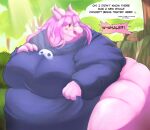  anthro belly big_belly big_breasts big_butt blush bodily_fluids breasts butt claws clothing dialogue dragon embarrassed english_text eyewear fangs female forest glasses hair homemosaco horn huge_breasts huge_butt huge_thighs looking_back mask obese offscreen_character open_mouth orange_eyes overweight pink_body pink_hair plant portrait robe scalie solo sweat sweatdrop text thick_thighs three-quarter_portrait tree wide_hips 