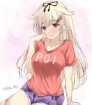  1girl artist_name blonde_hair blue_shorts bow breasts closed_mouth dated gakky hair_between_eyes hair_bow hair_flaps hair_ornament hairclip hand_on_own_face kantai_collection long_hair looking_at_viewer one-hour_drawing_challenge poi red_shirt shirt shorts solo yuudachi_(kancolle) yuudachi_kai_ni_(kancolle) 