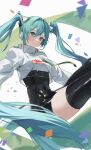  1girl absurdly_long_hair aqua_eyes aqua_hair bangs black_jumpsuit black_thighhighs closed_mouth floating_hair goodsmile_racing hair_between_eyes hair_intakes hatsune_miku highres jacket jumpsuit long_hair racing_miku racing_miku_(2022) ryudraw shiny shiny_hair short_jumpsuit smile solo thighhighs very_long_hair vocaloid white_jacket zettai_ryouiki 