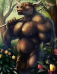  2021 anthro balls big_pecs body_hair bovid chest_hair facial_hair farm flaccid foreskin forest fuzzyfuzz genitals goatee hi_res hoe holding_object humanoid_genitalia looking_aside male mammal mouth_closed muscular navel nipples nude outside pecs penis plant portrait pubes smile solo standing three-quarter_portrait tools tree 