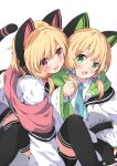  2girls absurdres animal_ear_headphones animal_ears anno_(yukikaze_08) black_shorts black_thighhighs blonde_hair blue_archive blue_necktie cat_ear_headphones cat_ears cat_tail coat fake_animal_ears fake_tail green_eyes headphones highres hug hug_from_behind midori_(blue_archive) momoi_(blue_archive) multiple_girls necktie off_shoulder open_mouth pink_eyes school_uniform shirt short_hair shorts siblings sisters smile tail thighhighs twins white_coat white_shirt 