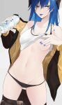  1girl :p absurdres aqua_eyes arknights ass_visible_through_thighs bare_shoulders black_panties black_skirt blue_hair blue_nails blue_tongue bottle breasts clothes_pull collarbone colored_tongue covering covering_one_breast cowboy_shot gradient gradient_background grey_background highres holding holding_bottle horns jacket lifted_by_self long_hair long_sleeves looking_at_viewer lowleg lowleg_panties medium_breasts mostima_(arknights) nail_polish navel one_breast_out open_clothes open_jacket panties sewally2 skirt skirt_pull solo sports_bra_lift stomach tongue tongue_out underwear water_bottle yellow_jacket 