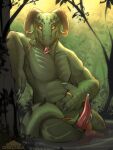  2021 anthro argonian bethesda_softworks bodily_fluids bottomwear bottomwear_aside chromamancer claws clothed clothing clothing_aside dripping erection forest genital_fluids genitals hi_res horn jewelry leaning loincloth loincloth_aside looking_at_viewer male mouth_closed muscular nude outside partially_submerged penis piercing plant precum precum_drip prehensile_tail reclining ring scalie signature slit smile solo tapering_penis the_elder_scrolls tongue tongue_out tongue_piercing topless tree video_games 