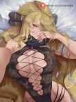  1girl araneesama areola_slip bangs bare_shoulders black_leotard blonde_hair blush breasts center_opening cleavage covered_nipples cross-laced_clothes cynthia_(pokemon) fur_collar grey_eyes hair_ornament hair_over_one_eye highres large_breasts leotard long_hair looking_at_viewer lying navel on_back outstretched_arm parted_lips pokemon pokemon_(game) pokemon_dppt very_long_hair 