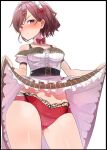  1girl ass_visible_through_thighs bangs blush bow bowtie breasts brown_hair caburi cameltoe clothes_lift cowboy_shot detached_collar dress frills hair_ornament hairclip highres higuchi_madoka idolmaster idolmaster_shiny_colors lifted_by_self lingerie looking_at_viewer medium_breasts mole mole_under_eye purple_eyes short_hair skirt skirt_lift solo swept_bangs thighs underwear white_background 