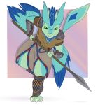  4_ears absurd_res aloy anthro avali avali_(original) blue_body blue_feathers clothing cosplay countershading dewclaw digitigrade feathered_crest feathered_wings feathers female green_body green_eyes head_crest hi_res luvashi melee_weapon multi_ear polearm scruffasus spear weapon winged_arms wings 