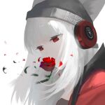  1girl animal_ears arknights beanie black_headwear clothes_writing cuo_cuo_yu_lian ears_through_headwear flower fox_ears fox_girl frostleaf_(arknights) hat headphones highres implied_extra_ears jacket long_hair portrait red_eyes red_flower red_jacket red_rose rose simple_background solo white_background white_hair 