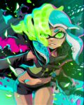  1girl adapted_costume agent_3_(splatoon) bike_shorts black_shorts black_sleeves blue_hair cape chromatic_aberration cowboy_shot dark-skinned_female dark_skin detached_sleeves green_eyes groin headgear inkling inkling_girl isamu-ki_(yuuki) leaning_forward light_blue_hair long_hair long_sleeves navel parted_lips shorts sleeves_past_wrists slime_(substance) solo splatoon_(series) splatoon_2 splatoon_2:_octo_expansion squidbeak_splatoon suction_cups tentacle_hair torn_cape torn_clothes 