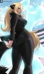  1girl absurdres ass black_coat black_pants blonde_hair coat cynthia_(pokemon) echo_saber fur-trimmed_coat fur_collar fur_trim garchomp hair_over_one_eye highres holding holding_poke_ball lips long_hair pants poke_ball pokemon pokemon_(game) pokemon_dppt solo tight tight_pants very_long_hair wavy_hair 