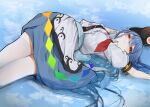  1girl black_headwear blue_hair blue_skirt closed_mouth commentary_request dress food fruit hair_between_eyes hat hat_removed headwear_removed highres hinanawi_tenshi long_hair lying necktie on_back peach red_eyes red_necktie short_sleeves skirt solo thighhighs touhou tsune_(tune) water wet wet_hair white_thighhighs 