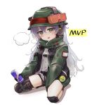  1girl absurdres bangs blush dhk117 english_commentary feet_out_of_frame g11_(girls&#039;_frontline) girls&#039;_frontline goggles goggles_on_headwear green_jacket grey_eyes grey_hair hair_between_eyes hat headphones highres jacket long_hair looking_at_viewer mod3_(girls&#039;_frontline) mvp open_mouth simple_background sitting smile solo wariza white_background 