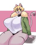  anthro big_breasts blonde_hair breasts brown_body brown_fur butt butt_shot clothing colored digital_media_(artwork) domestic_cat felid feline felis female fingerless_gloves fur gloves hair handwear hi_res huge_breasts jacket legwear mammal markings paula_(newtype_hero) shirt short_hair solo stout stratusgio t-shirt tail_markings thick_thighs topwear 