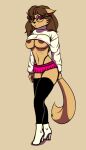  2022 anthro big_breasts bottomwear breasts callmewritefag clothed clothing colored colored_sketch crop_top digital_drawing_(artwork) digital_media_(artwork) domestic_cat english_text eyewear fan_character felid feline felis female fur glasses hair hi_res legwear mammal midriff miniskirt navel nipples shaded shirt simple_background sketch skirt solo tabby_stone text thigh_highs topwear 