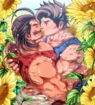  2boys :o bara black_hair blue_tank_top closed_eyes day eugen_(granblue_fantasy) facial_hair flower granblue_fantasy harukatti highres large_pectorals looking_at_another male_focus mature_male multiple_boys muscular muscular_male mustache open_mouth outdoors pectorals rackam_(granblue_fantasy) red_tank_top short_hair smile sunflower tank_top upper_body 
