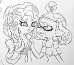  2girls alternate_costume bare_shoulders bikini cephalopod_eyes cross-shaped_pupils food furrowed_brow hand_on_another&#039;s_arm horizontal_pupils ice_cream ice_cream_cone isamu-ki_(yuuki) long_hair marina_(splatoon) medium_hair monochrome multiple_girls octarian open_mouth pearl_(splatoon) pointy_ears simple_background splatoon_(series) spoken_object suction_cups swimsuit tentacle_hair traditional_media white_background 