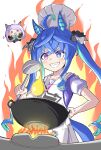  2girls absurdres ahoge animal_ears apron blue_bow blue_hair bow cooking ear_bow fire flame hair_between_eyes highres holding holding_ladle horse_ears horse_girl horse_tail ladle long_hair mejiro_mcqueen_(umamusume) multiple_girls open_mouth purple_eyes purple_hair school_uniform sharp_teeth short_hair smile stove tail teeth toushirou_(sugarwhite1046) tracen_school_uniform twintails umamusume very_long_hair wok 