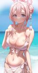  1girl absurdres azuma_(sospower73) bangs bikini blue_archive blue_eyes breasts cleavage collarbone front-tie_bikini_top front-tie_top hair_between_eyes hair_bun hair_ornament halo highres large_breasts looking_at_viewer mimori_(blue_archive) navel pink_hair sarong sidelocks smile solo stomach swimsuit water white_bikini 