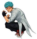  1boy absurdres blue_hair constricted_pupils curly_hair fingerless_gloves from_side ghiaccio glasses gloves highres jojo_no_kimyou_na_bouken looking_at_viewer ma2_ereki male_focus pants red-framed_eyewear shoes sneakers solo squatting striped striped_pants vento_aureo 