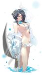  1girl arknights arm_up bangs bare_shoulders bikini bikini_under_clothes black_hair closed_mouth frilled_bikini frills from_side grey_eyes hair_bun hair_ornament hairclip highres jacket la_pluma_(arknights) la_pluma_(summer_flowers)_(arknights) long_sleeves looking_at_viewer looking_to_the_side off_shoulder open_clothes open_jacket puffy_long_sleeves puffy_sleeves sketch solo standing swimsuit water white_background white_bikini white_jacket x_hair_ornament yxxrem 
